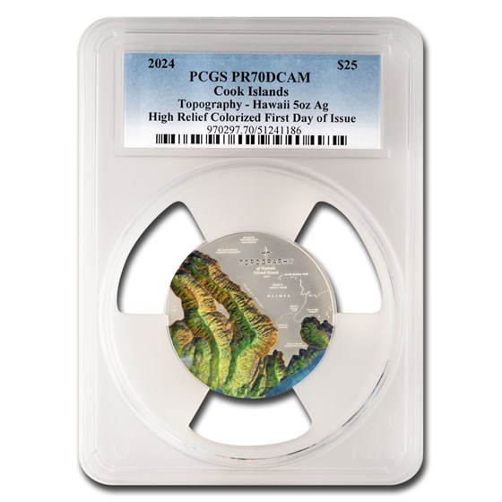 2024 Cook Islands 5 oz Silver Topography: Hawaii PR-70 PCGS (FDI) 2024 Cook Islands 5 oz Silver Topography: Hawaii PR-70 PCGS (FDI)