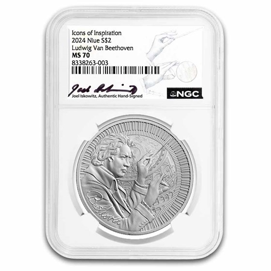 2024 Niue 1 oz Silver Icons: Beethoven (Sketch Snip) MS-70 NGC 2024 Niue 1 oz Silver Icons: Beethoven (Sketch Snip) MS-70 NGC