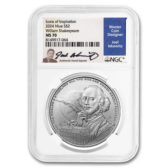 2024 Niue 1 oz Silver Icons: Shakespeare MS-70 NGC 2024 Niue 1 oz Silver Icons: Shakespeare MS-70 NGC