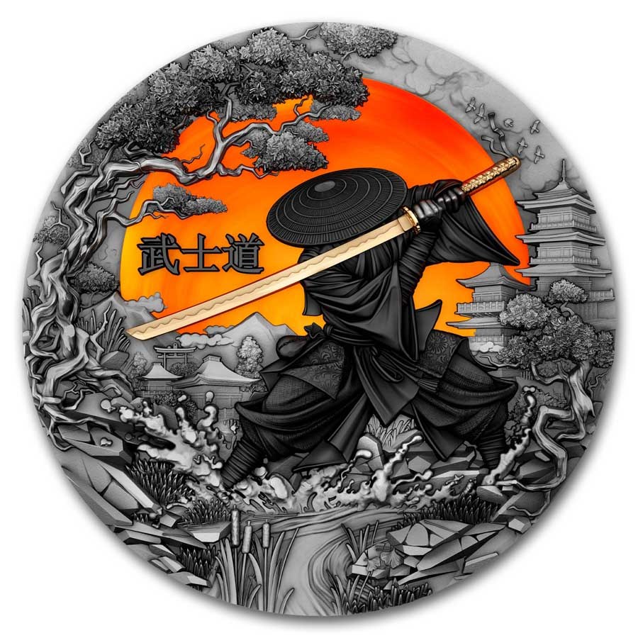 2024 Niue 2 oz Silver Antique Bushido (Gilded) w/ Box & COA