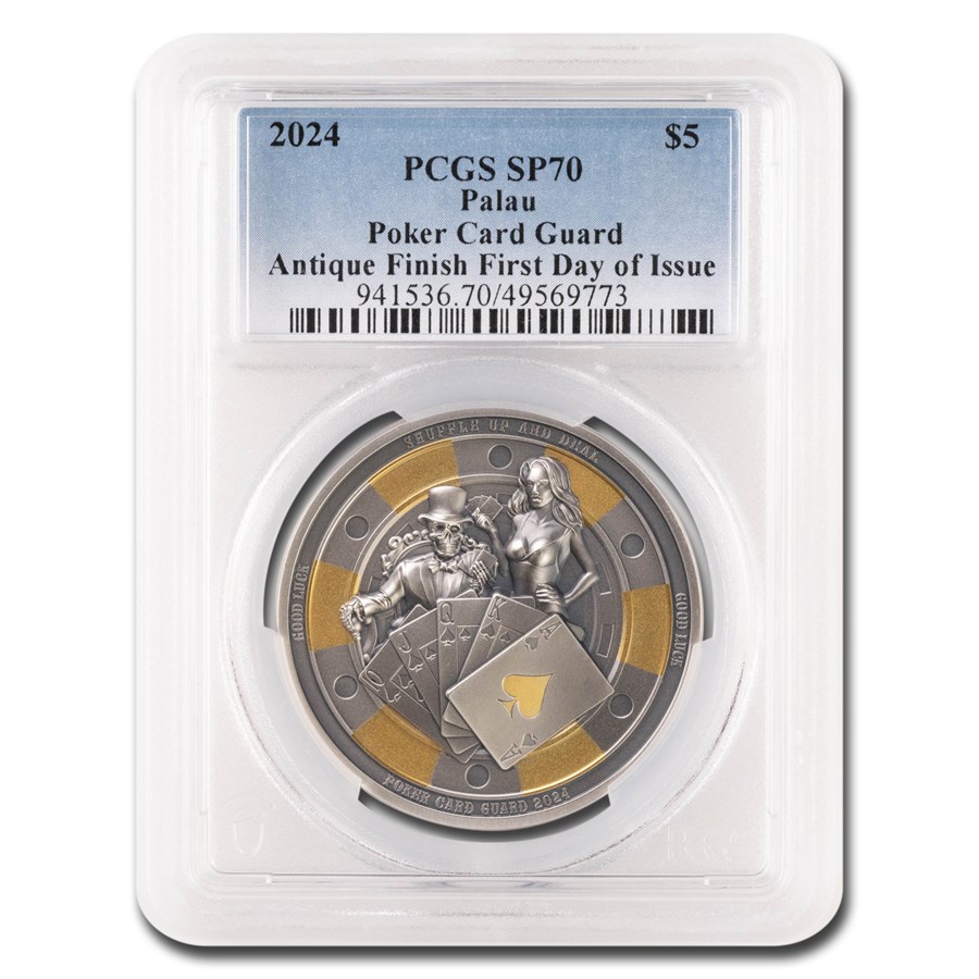 2024 Palau 1 oz Silver Antique Poker Card Guard SP-70 PCGS FDI