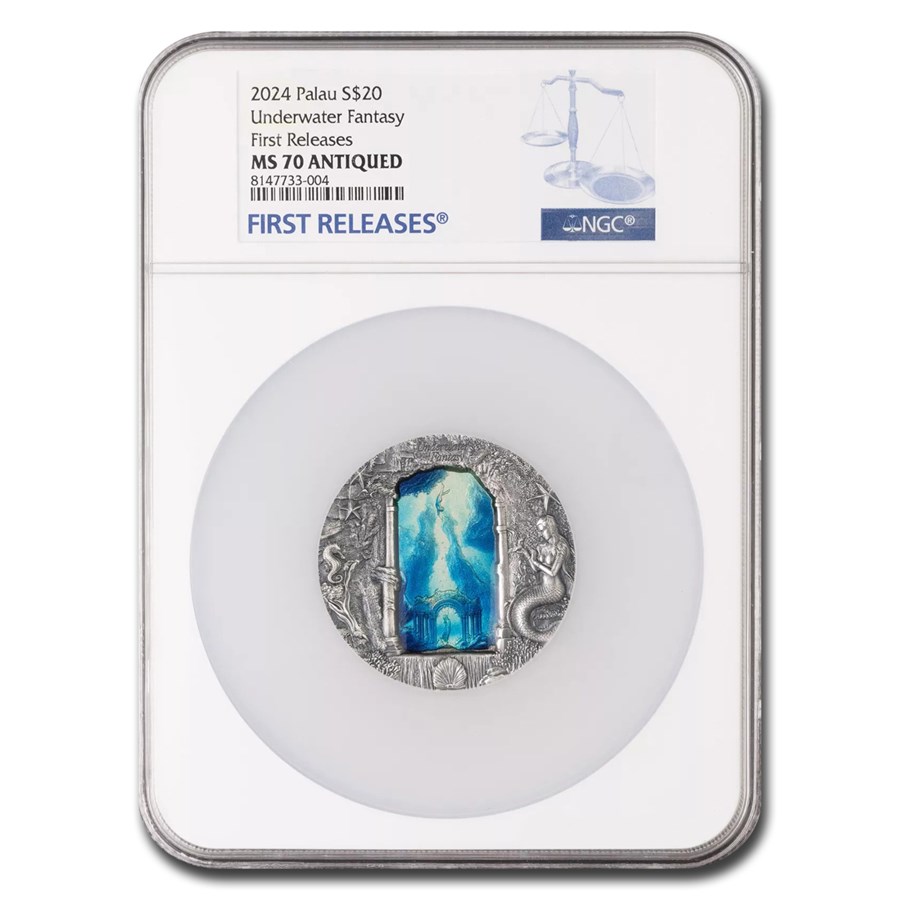 2024 Palau 3 oz AG Antique Underwater Fantasy: Mermaids MS-70 NGC