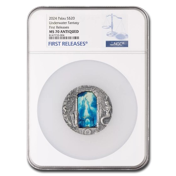 2024 Palau 3 oz AG Antique Underwater Fantasy: Mermaids MS-70 NGC 2024 Palau 3 oz AG Antique Underwater Fantasy: Mermaids MS-70 NGC