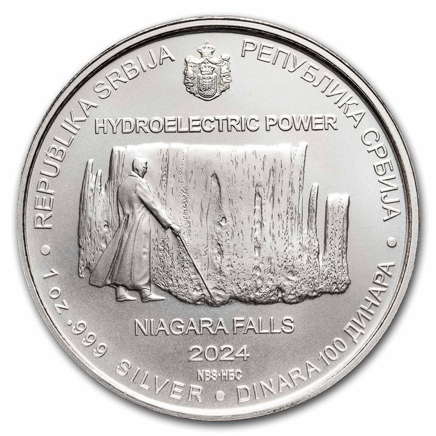 2024 Serbia 1 oz Silver 100 Dinar Tesla: Hydroelectric Power