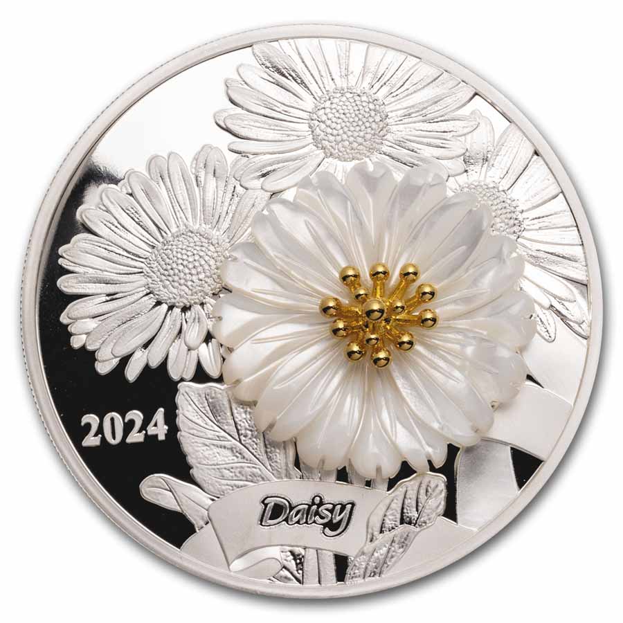 no.204 雪後の白蝶貝とdouble circle 2024 Solomon Island 2 oz Silver Mother of Pearl: Daisy