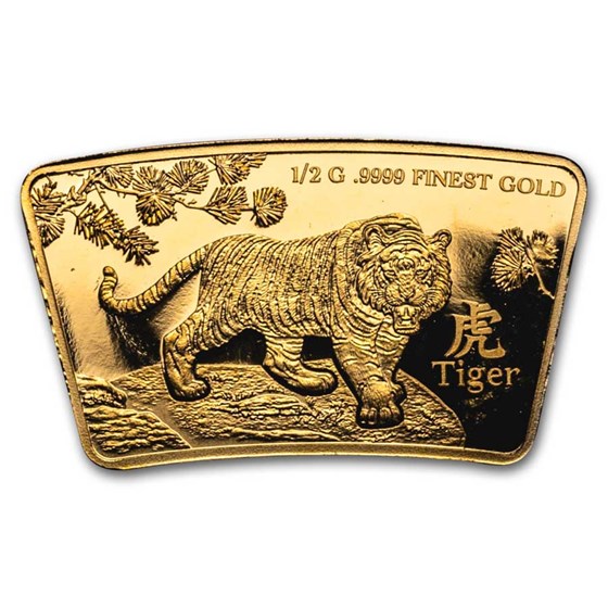 2024 Solomon Islands 1/2 Gram Gold Lunar Fan-Shaped: Tiger 2024 Solomon Islands 1/2 Gram Gold Lunar Fan-Shaped: Tiger