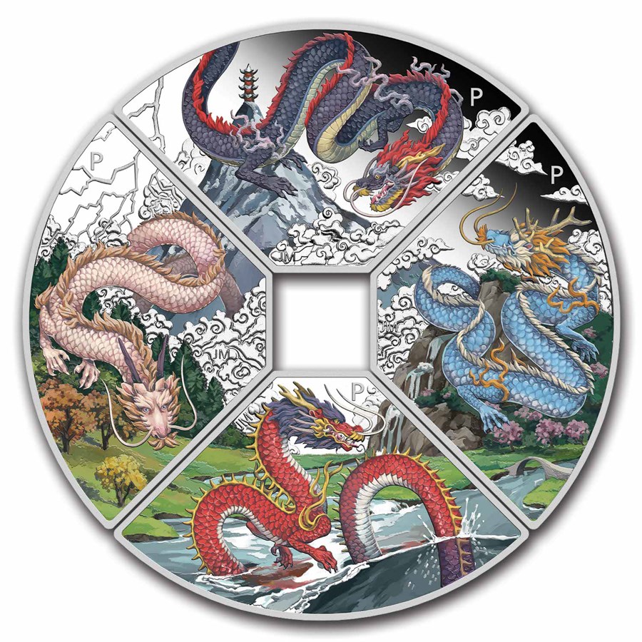 2024 TUV 4 oz Silver Year of the Dragon Quadrant Colorized PF Set