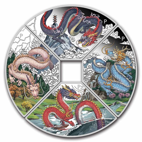 2024 TUV 4 oz Silver Year of the Dragon Quadrant Colorized PF Set 2024 TUV 4 oz Silver Year of the Dragon Quadrant Colorized PF Set