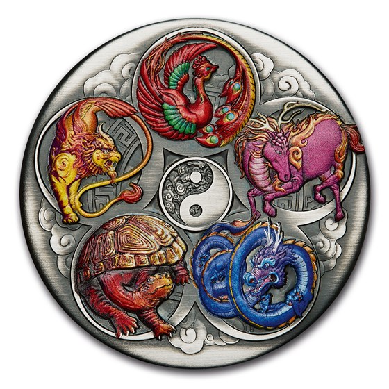 2024 TUV 5 oz Silver Colorized Antiqued Five Auspicious Creatures 2024 TUV 5 oz Silver Colorized Antiqued Five Auspicious Creatures
