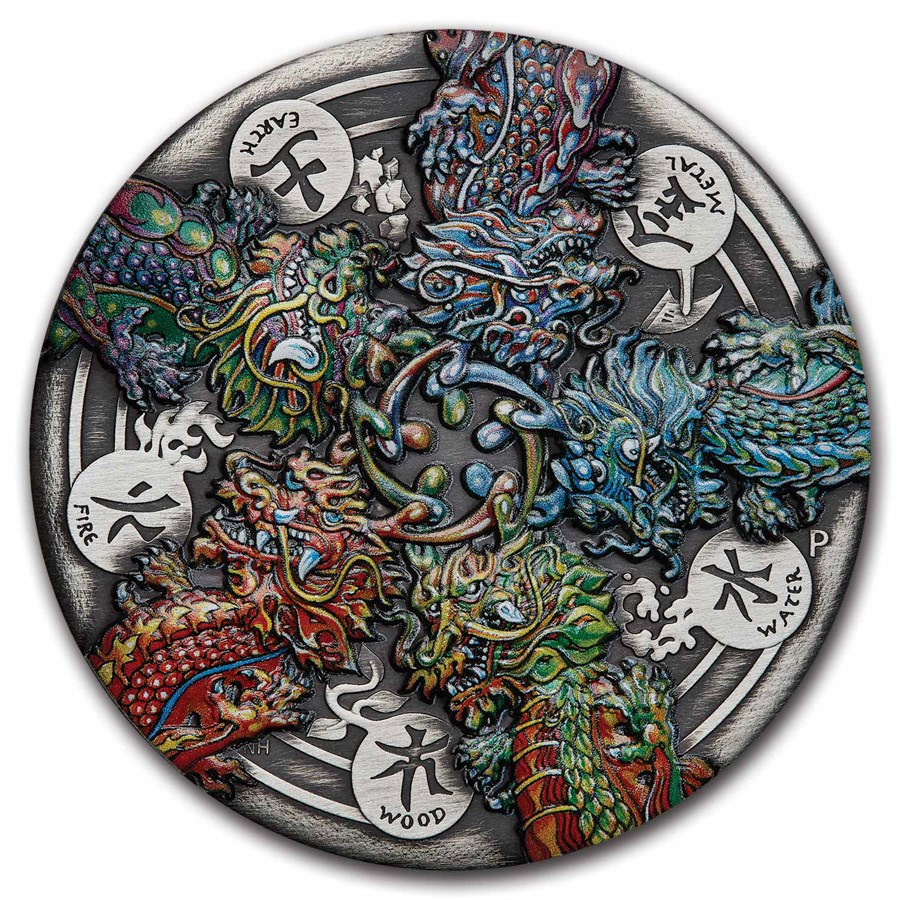 2024 Tuvalu 5 oz Silver Colorized Dragon and 5 Elements Antiqued