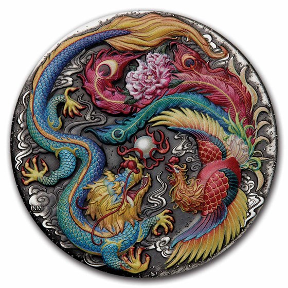 2024 Tuvalu 5 oz Silver Colorized Dragon & Phoenix (Antiqued) 2024 Tuvalu 5 oz Silver Colorized Dragon & Phoenix (Antiqued)