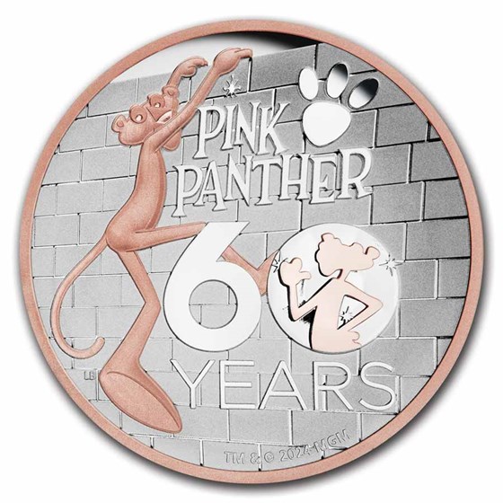 2024 Tuvalu 5 oz Silver Pink Panther 60th Anniversary Gilded Box 2024 Tuvalu 5 oz Silver Pink Panther 60th Anniversary Gilded Box