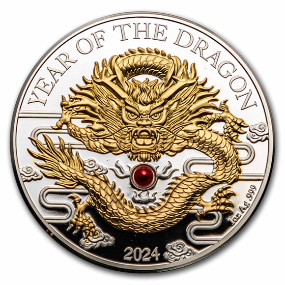 2024 Vanuatu 1 oz Silver Year of the Dragon Gold Gilded w/ Pearl 2024 Vanuatu 1 oz Silver Year of the Dragon Gold Gilded w/ Pearl