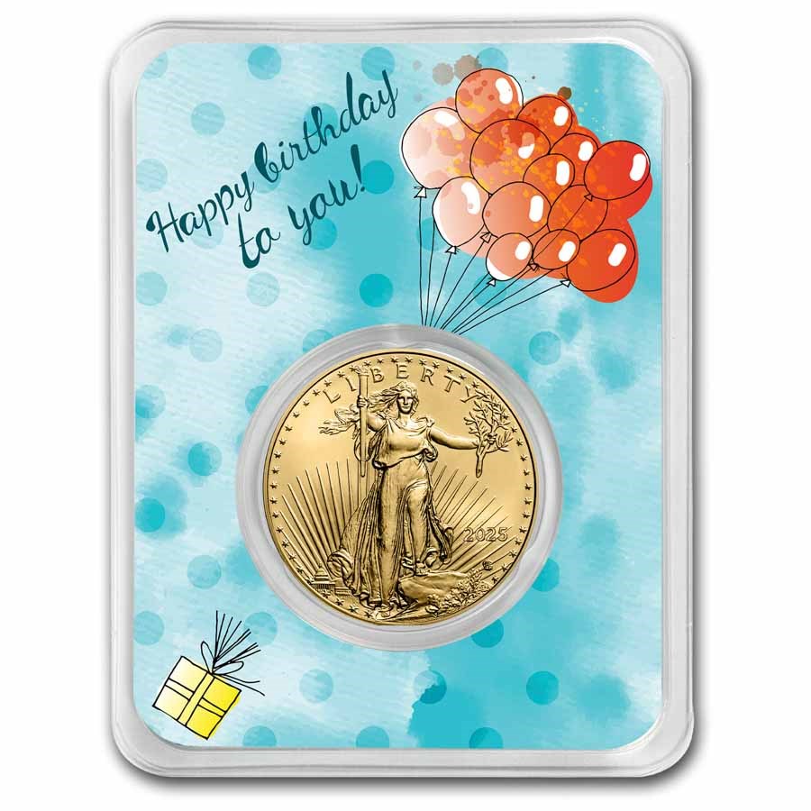 2025 1/2 oz Gold Eagle - w/Happy Birthday, Balloons Card, In TEP