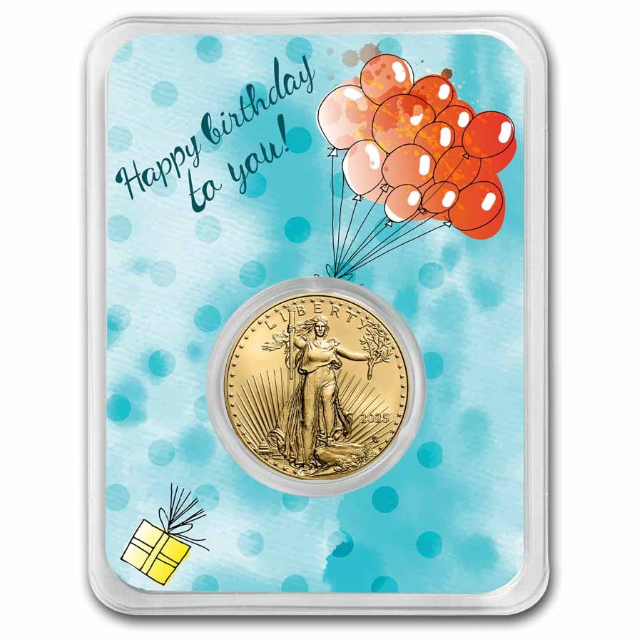 2025 1/4 oz Gold Eagle - w/Happy Birthday, Balloons Card, In TEP