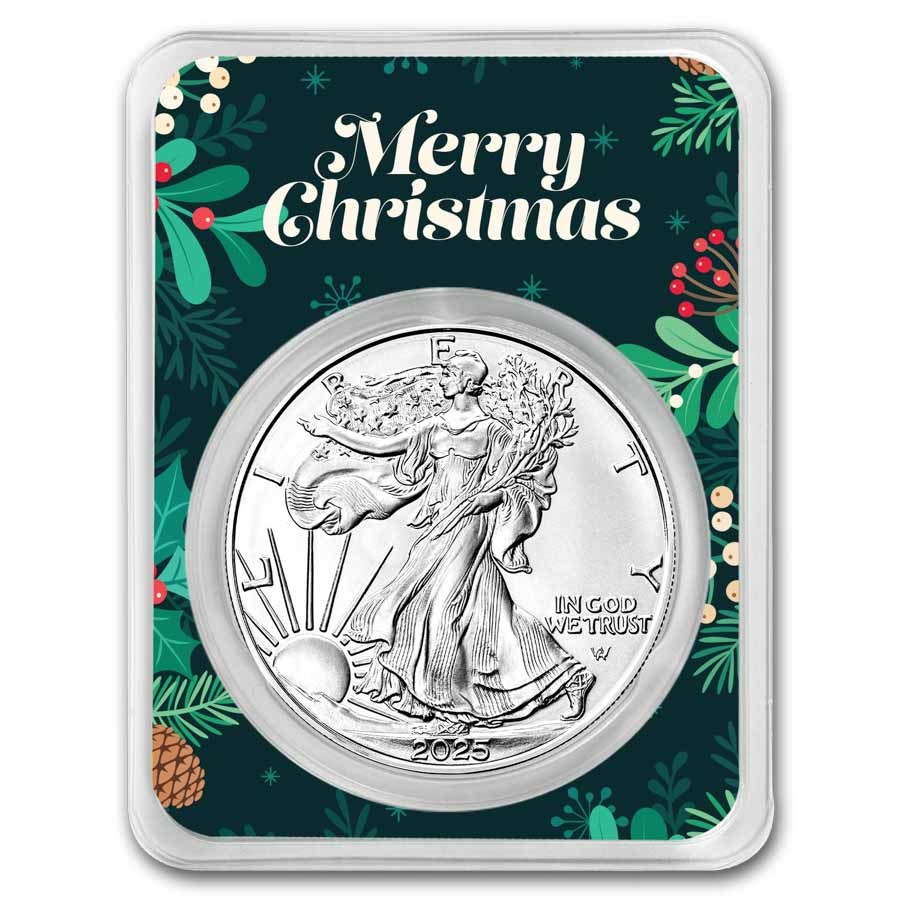 2025 1 oz American Silver Eagle - w/Green Christmas Holly Card