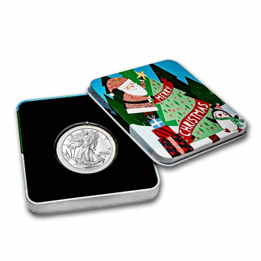 2025 1 oz American Silver Eagle - w/Holiday Tin, Christmas Tree