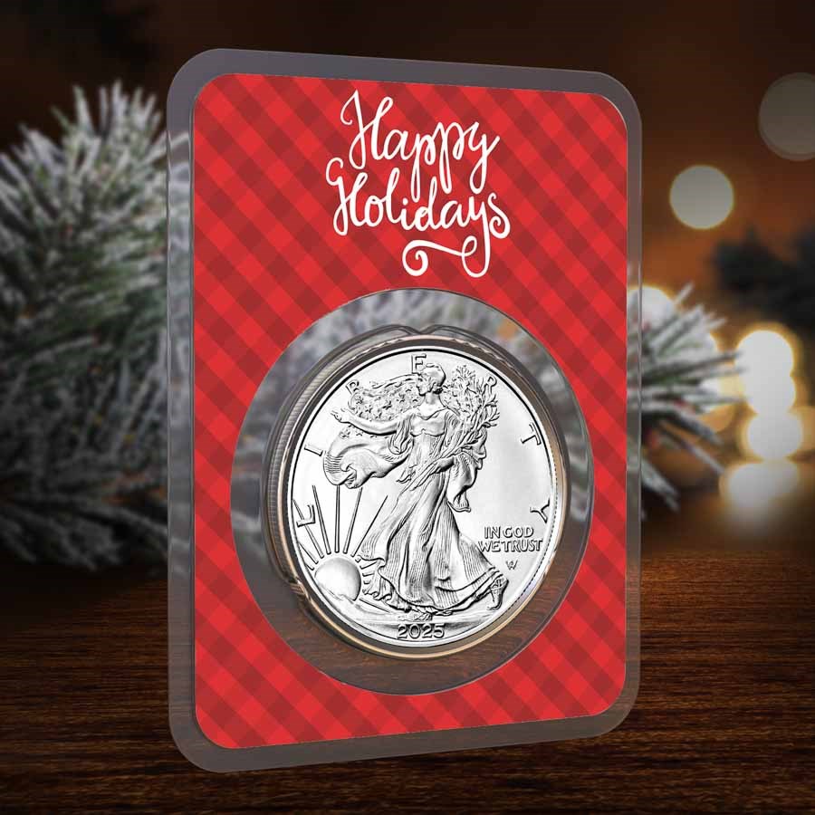 2025 1 oz American Silver Eagle - w/Plaid Happy Holidays Card