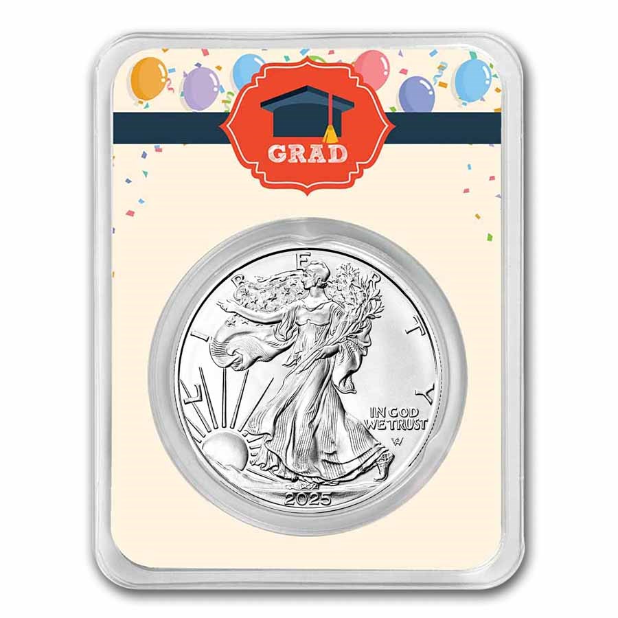 2025 1 oz Silver Eagle - w/Grad Balloons Card, In TEP