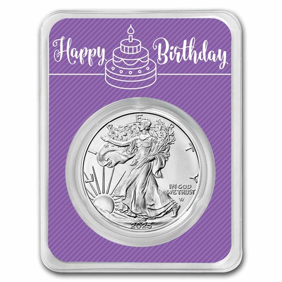 2025 1 oz Silver Eagle - w/Happy Birthday, Purple Card, In TEP 2025 1 oz Silver Eagle - w/Happy Birthday, Purple Card, In TEP