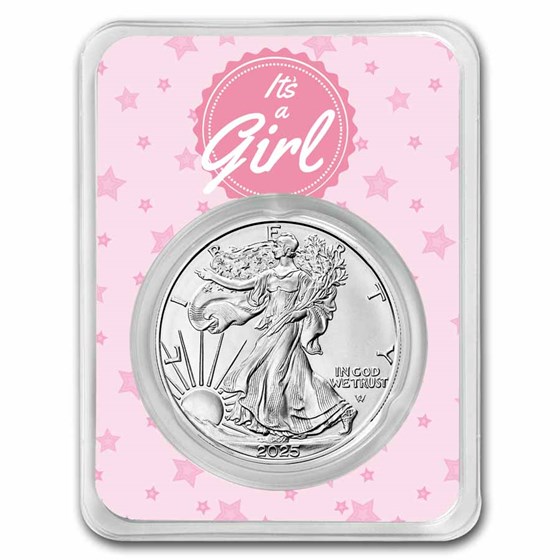 2025 1 oz Silver Eagle - w/"It's A Girl", Pink Card, In TEP 2025 1 oz Silver Eagle - w/"It's A Girl", Pink Card, In TEP