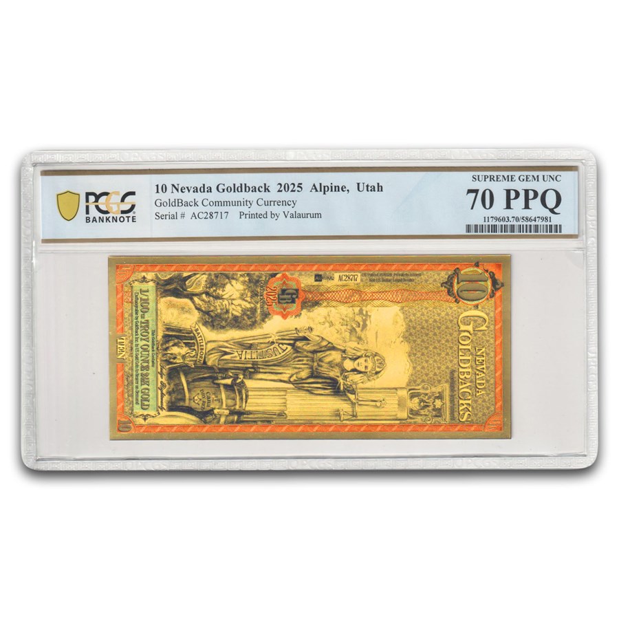 2025 10 Nevada Goldback Aurum Gold Foil Note 24k MS-70 PCGS