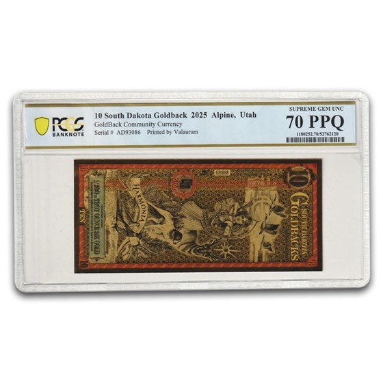 2025 10 South Dakota Goldback - Aurum Gold Foil Note MS-70 PCGS