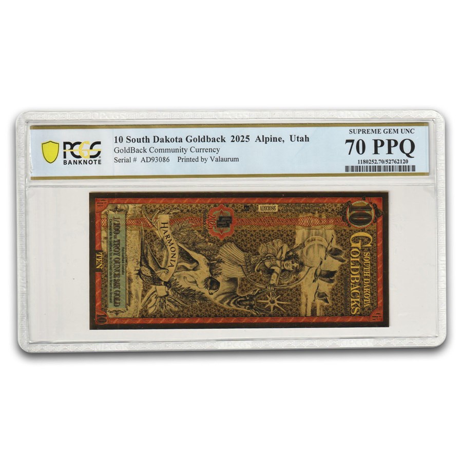 2025 10 South Dakota Goldback - Aurum Gold Foil Note MS-70 PCGS