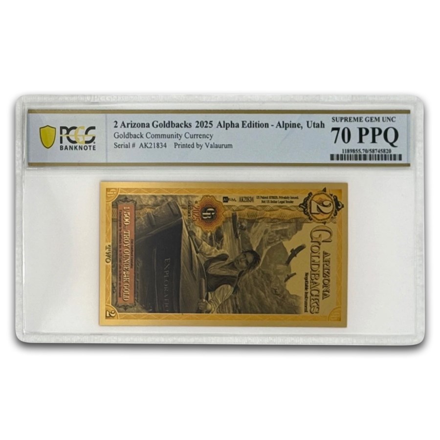 2025 2 Arizona Goldback - Aurum Gold Foil Note (24k) PCGS 70