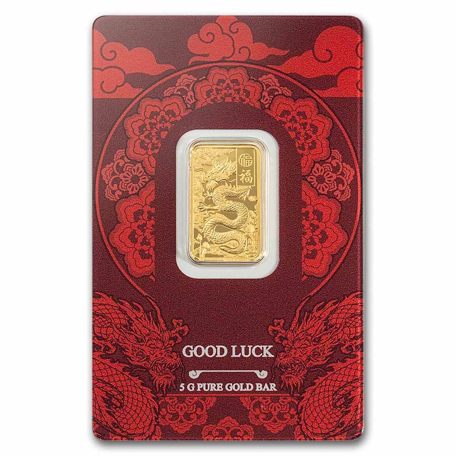 2025 5 gram Gold Bar - PAMP Good Luck: Yellow Dragon (In Assay)