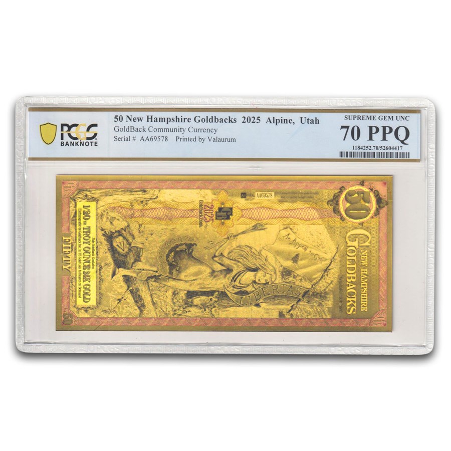 2025 50 New Hampshire Goldback - Aurum Gold Foil Note MS-70 PCGS