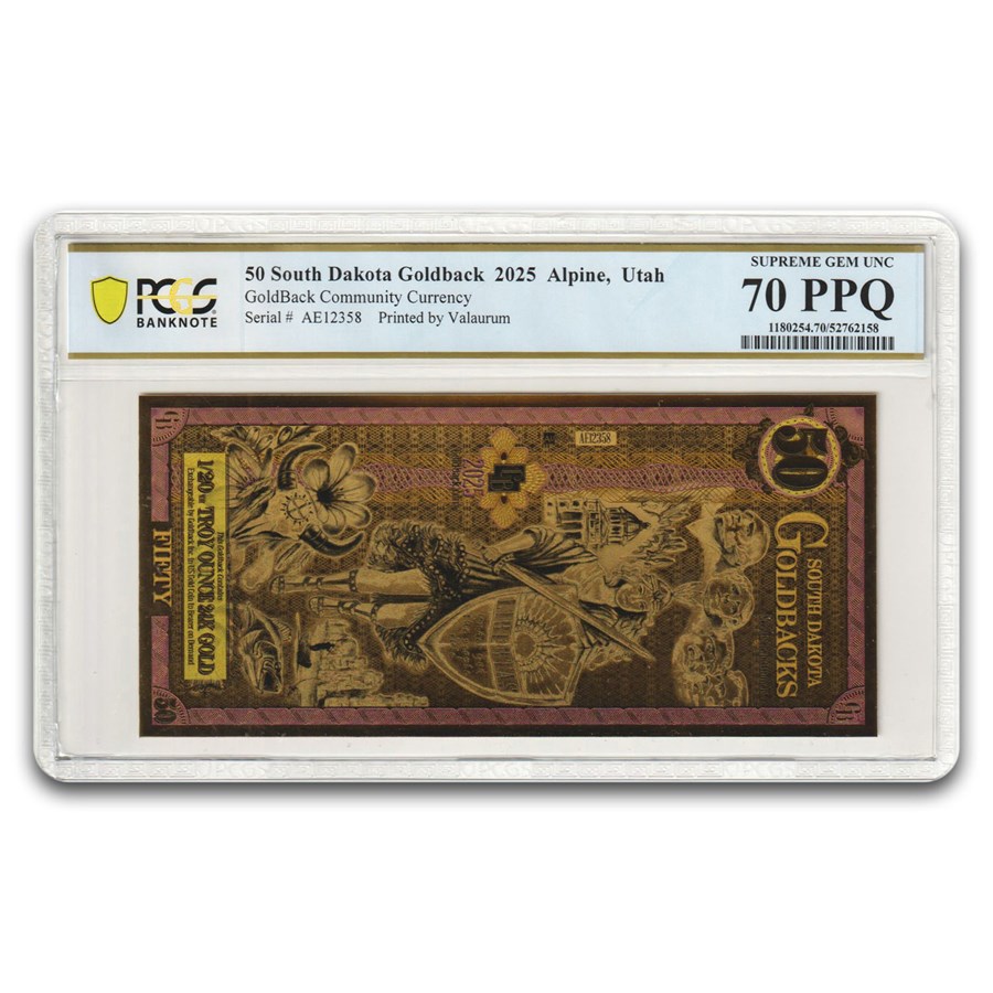 2025 50 South Dakota Goldback - Aurum Gold Foil Note MS-70 PCGS