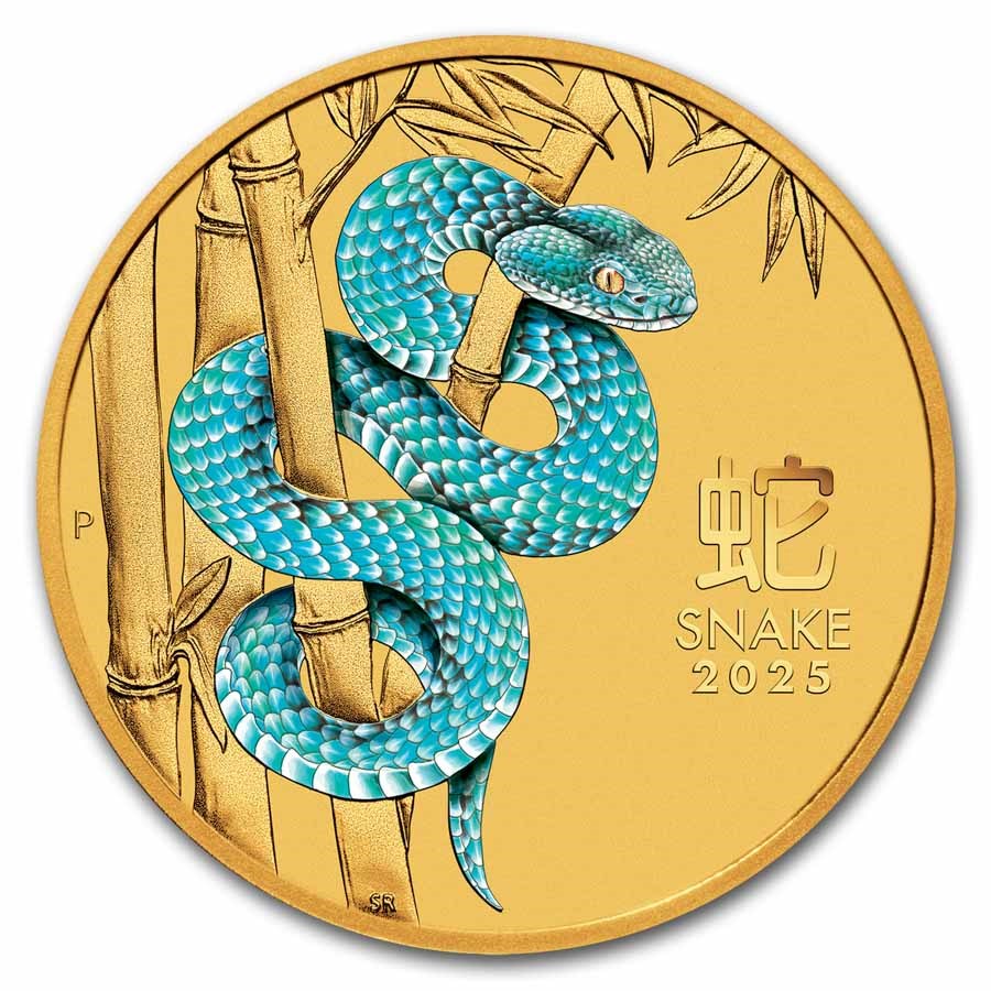 2025 Australia 1/10 oz Colorized Gold Lunar Blue Snake BU
