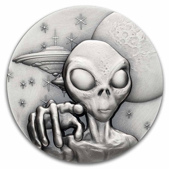 2025 Cameroon 2 oz Silver Antique UFO & Aliens: Alien Face (Coin)