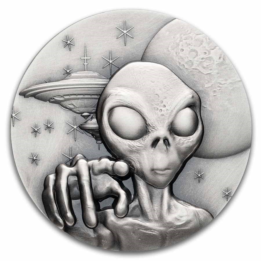 2025 Cameroon 2 oz Silver Antique UFO & Aliens: Alien Face (Coin)