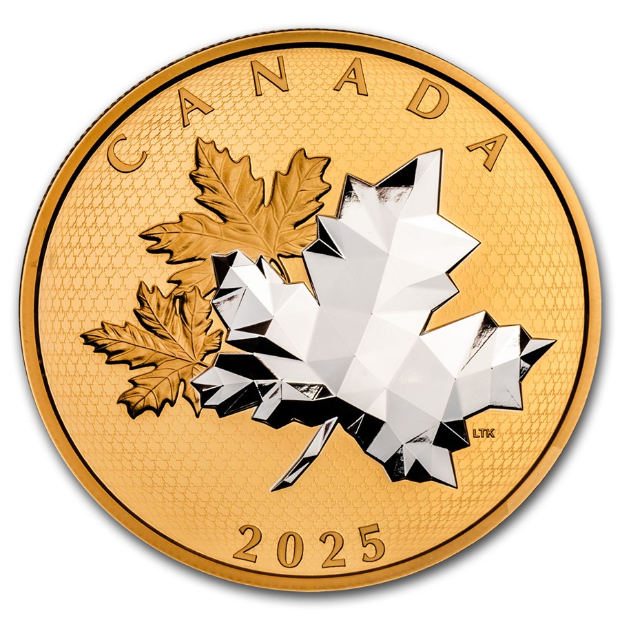 2025 Canada 5 oz Silver Maple Leaves in Motion Yellow Gold Plated
