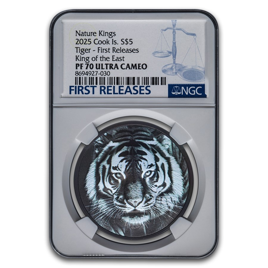 2025 Cook Isl 1 oz Ag Black Proof Black and White Tiger PF-70 NGC