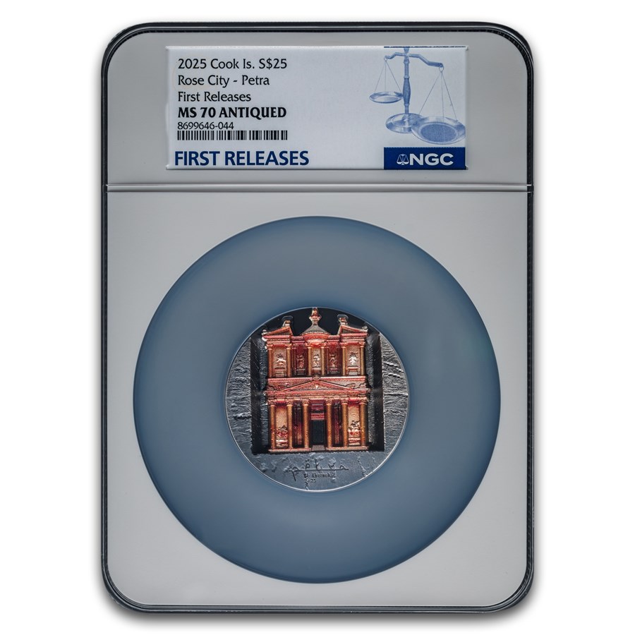 2025 Cook Isl 5 oz Silver Rose City Petra Al-Khazneh MS-70 NGC FR