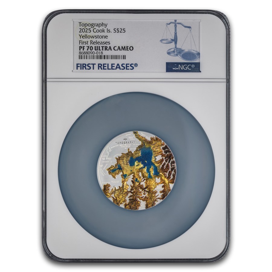 2025 Cook Islands 5 oz Silver Topography Yellowstone PF-70 NGC FR