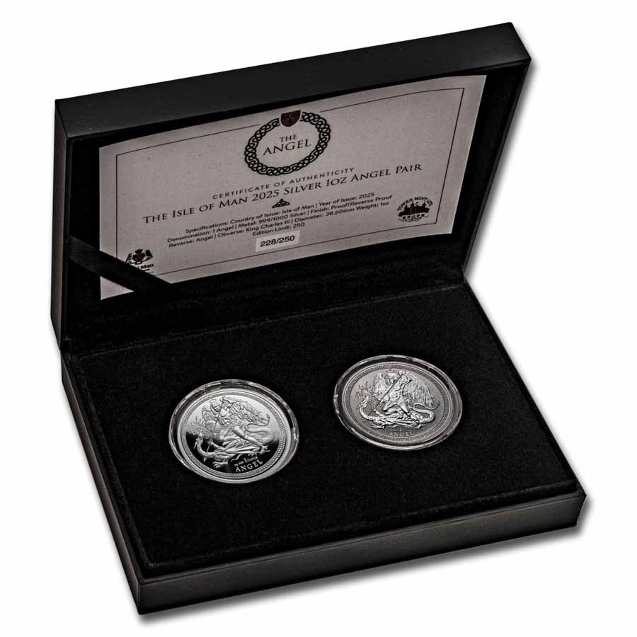 2025 Isle of Man 2-Coin Silver Angel Premium BU/Reverse Proof Set