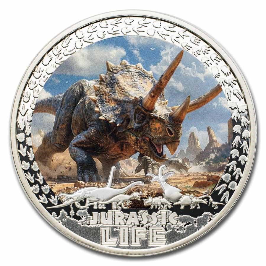 2025 Liberia 1 oz Silver Jurassic Life Dinosaur: Triceratops