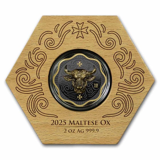 2025 Malta 2 oz Silver Maltese Ox 10 Euro BU Coin (UHR/Gilded)