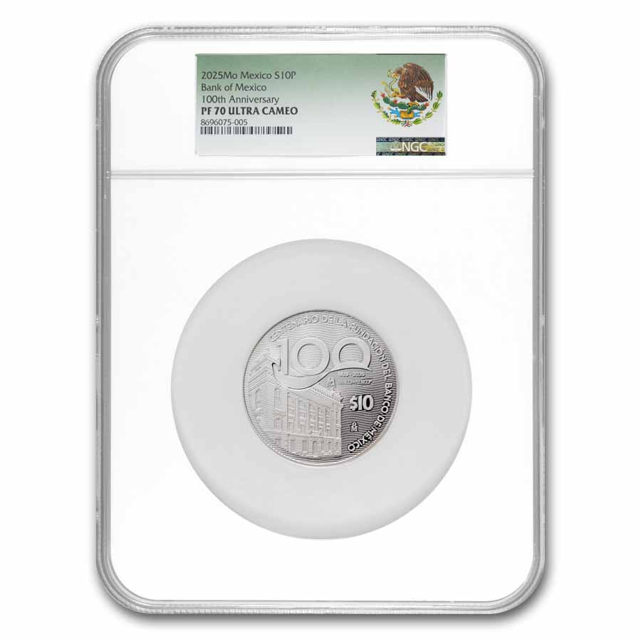 Buy 2025 Mexican 2 oz Silver Banco de Mexico 100th Ann PF-70 | APMEX