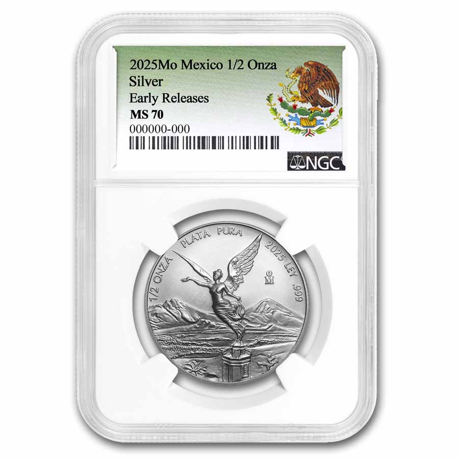 Buy 2025 Mexico 1/2 oz Silver Libertad MS-70 NGC (ER, Arms) | APMEX