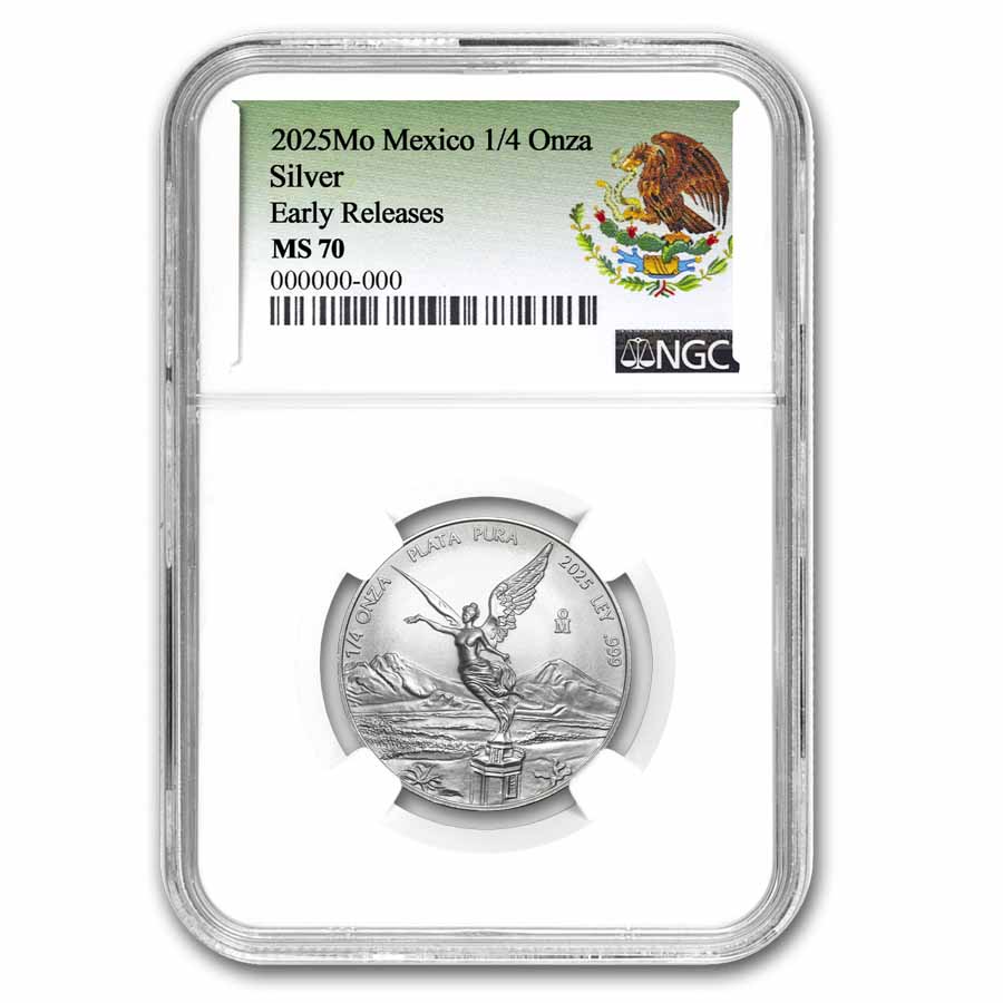 Buy 2025 Mexican 1/4 oz Silver Libertad MS-70 NGC (ER, Arms) | APMEX