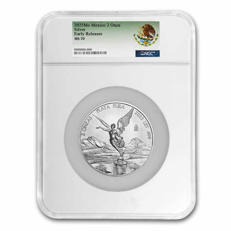 Buy 2025 Mexican 2 oz Silver Libertad MS-70 NGC (Arms) | APMEX