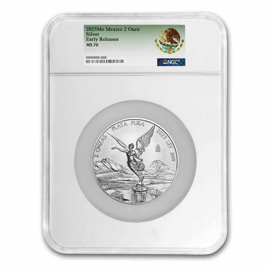2025 Mexico 2 oz Silver Libertad MS-70 NGC (ER, Coat of Arms)