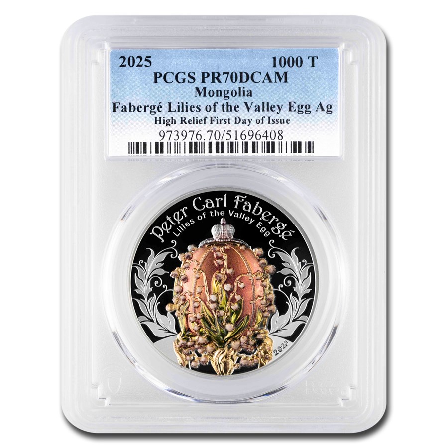2025 Mongolia 2 oz Ag Faberge Lilies of the Valley PR-70 PCGS FDI