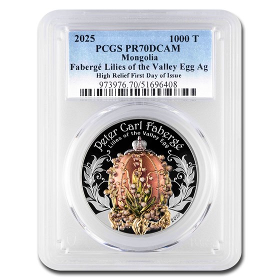 2025 Mongolia 2 oz Ag Faberge Lilies of the Valley PR-70 PCGS FDI 2025 Mongolia 2 oz Ag Faberge Lilies of the Valley PR-70 PCGS FDI
