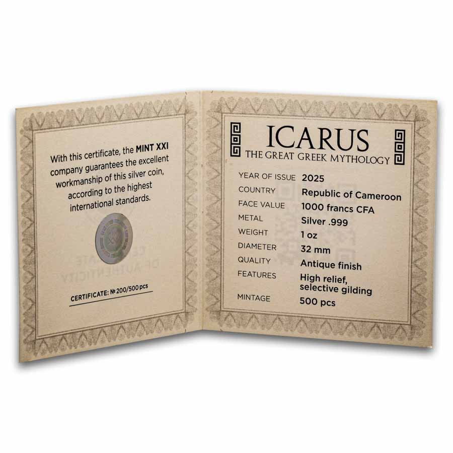 2025年 カメルーン 偉大なるギリシャ神話シリーズ イカロス 1オンス銀貨 2025 Republic of Cameroon 1 oz Silver Greek Mythology; Icarus